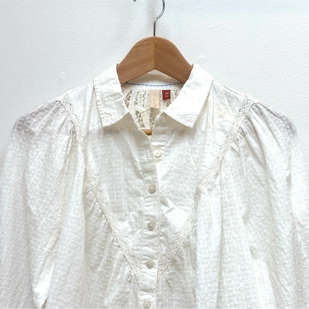 Anthropologie Pilcro Lace Back Button Down Blouse Cottagecore Ivory XSP NEW